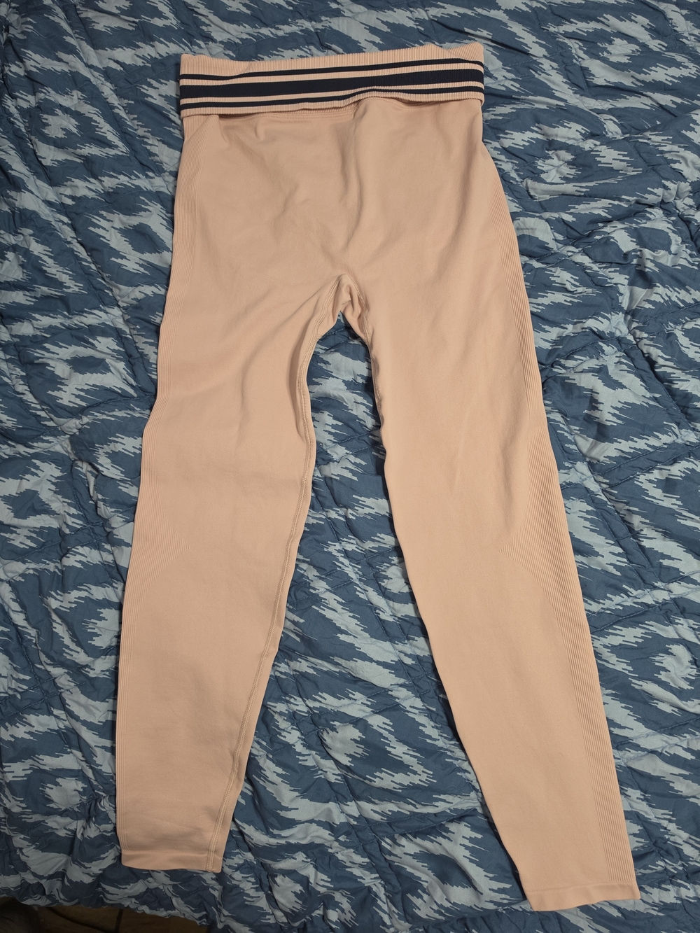 Womens Large Pink High-Waist Leggings with Striped Waistband